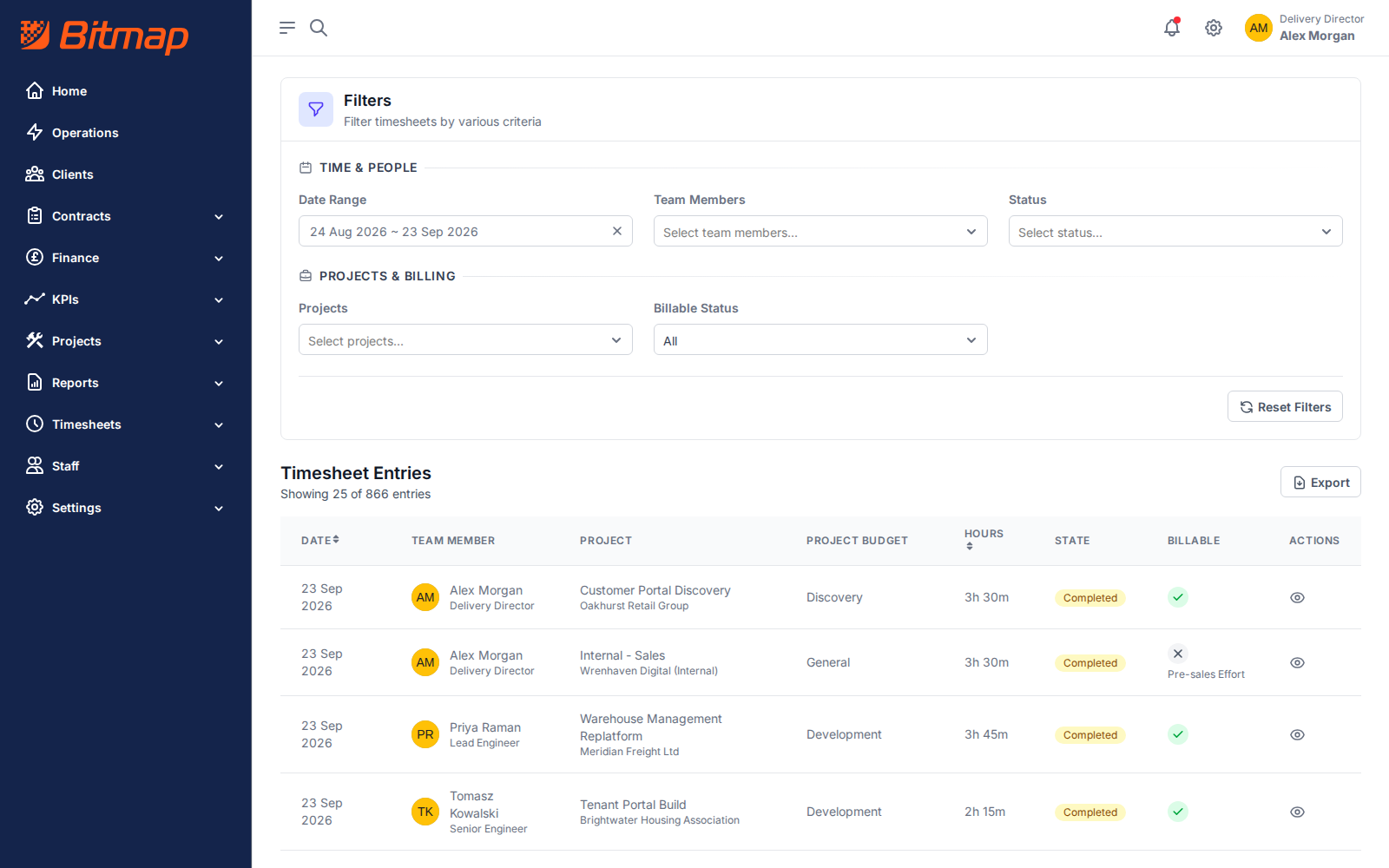 The timesheet entries of the last 30 days: the date, the person, the project and client, the budget, the hours, the state, and whether the time is billable with the reason when it is not.